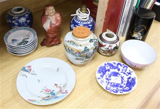 A quantity of Oriental ceramics and two pictures